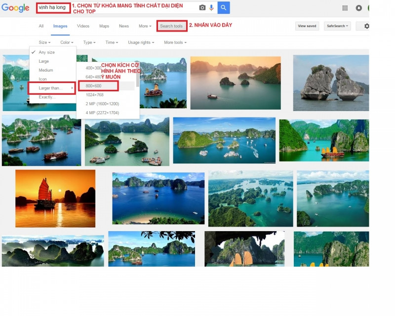 Các bước chọn hình ảnh có chất lượng trên 600px trên Google Image