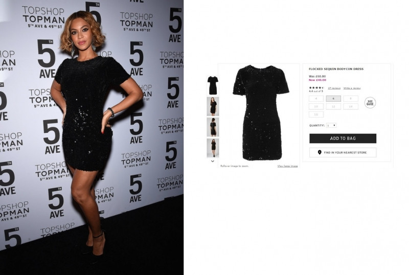 Beyoncé dự tiệc với chiếc váy bodycon lấp lánh sequins và đôi giày Topshop. Giá gốc của chiếc váy đậm chất lễ hội này là 68 Bảng Anh (~ 2,3 triệu VNĐ).