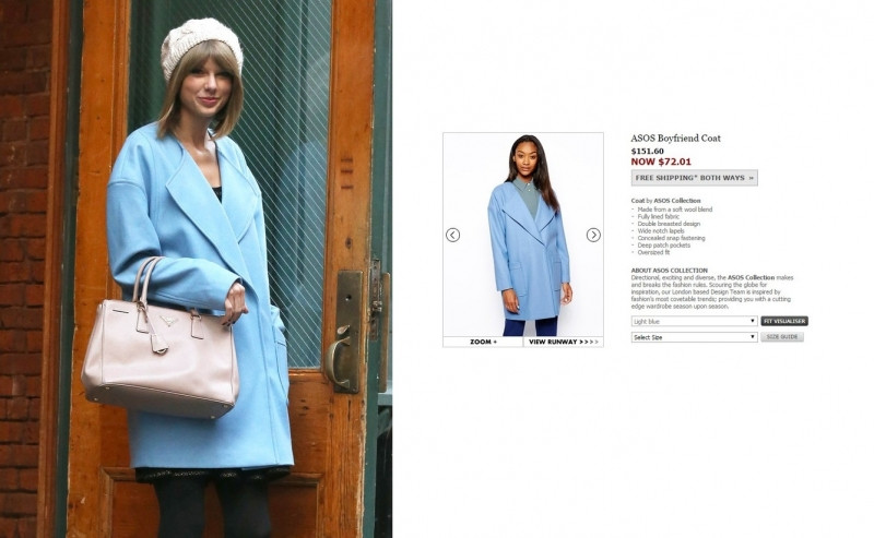 Taylor Swift gây chú ý khi diện chiếc áo khoác oversized màu powder blue của ASOS. Chiếc áo này có giá gốc là 151,6$ (~ 3,2 triệu VNĐ).