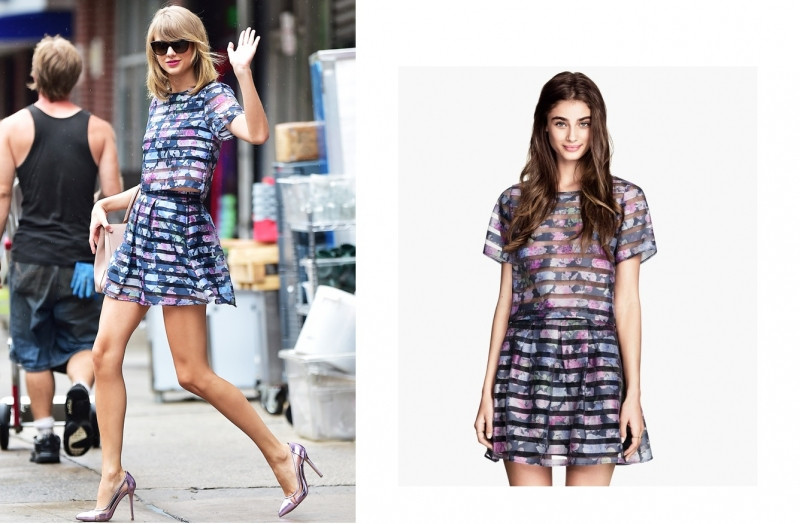 Taylor Swift từng xuống phố với một set đồ matchy-matchy họa tiết hoa vô cùng trẻ trung và tươi tắn. Đây là sản phẩm của H&M được bán riêng rẽ crop top và chân váy với tổng giá chỉ 55$ (hơn 1 triệu VNĐ).
