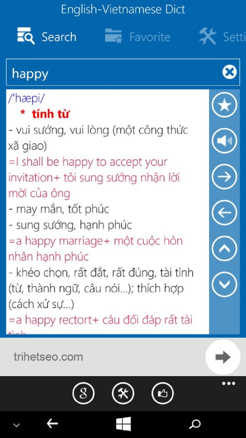 Giao diện từ điển English - Vietnamese Dict khi tra từ