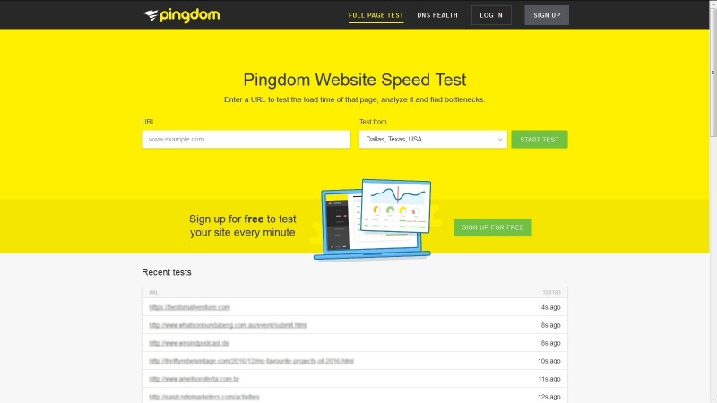 Giao diện màu vàng đặc trưng của Pingdom Tools.