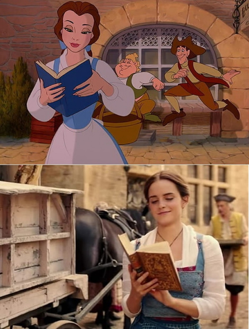 Cảnh cô nàng Belle thích đọc sách khi đi trên phố