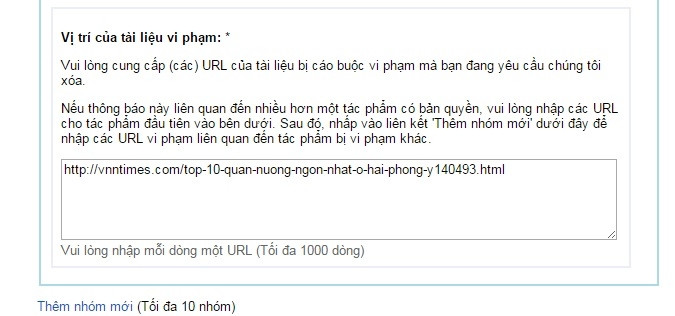 Bạn copy link của Trang vi phạm vào hộp thoại