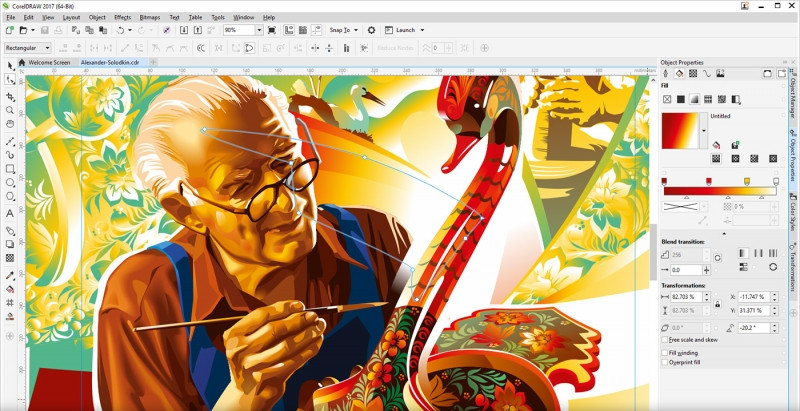 Giao diện Corel Draw và một bức tranh vẽ bởi Corel Draw