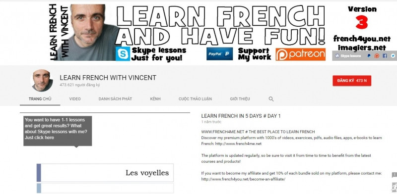Đây là trang giao diện của Vincent một trong những giảng viên dạy tiếng Pháp hay nhất hiện nay