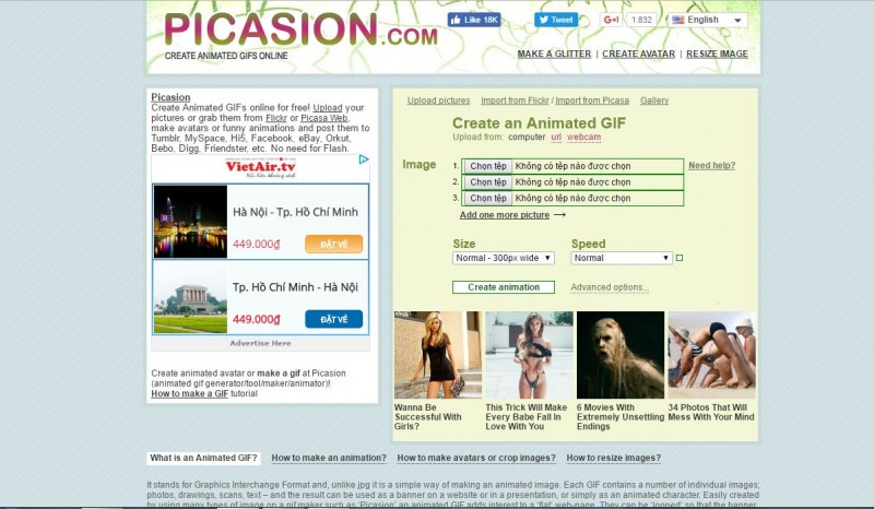 Giao diện trang web tạo ảnh động Picasion