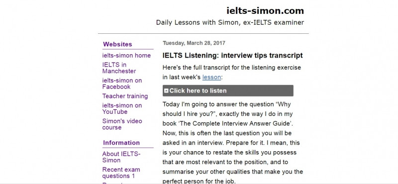 Giao diện trang web của IELTS Simon