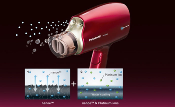 Máy sấy tóc Panasonic PAST-EH-NA45RP645 sử dụng lỗ thoát Ion âm bên ngoài, từ đó Nano và Ion âm sẽ nhả một lượng khí nóng vào hơi ẩm từ máy sấy tóc