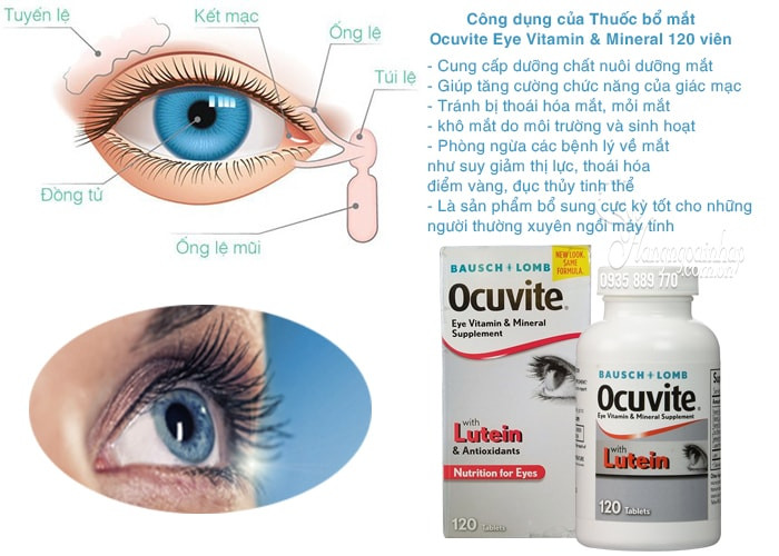 Thuốc bổ mắt Ocuvite Eye Vitamin & Mineral with Lutein hỗ trợ lọc ánh sáng xanh có hại cho mắt, giảm thiểu tác động của môi trường đến mắt.
