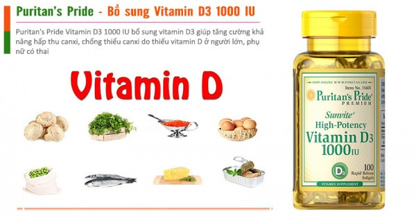 Viên uống bổ sung Vitamin D Puritan's Pride Sunvite High-Potency Vitamin D3 1000IU giúp bổ sung Vitamin D cho cơ thể, tăng khả năng hấp thu Canxi, chống thiếu Canxi do thiếu Vitamin D ở người lớn, phụ nữ có thai.