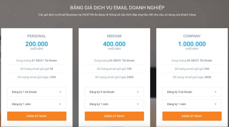 Bảng giá dịch vụ email doanh nghiệp HOSTVN.NET