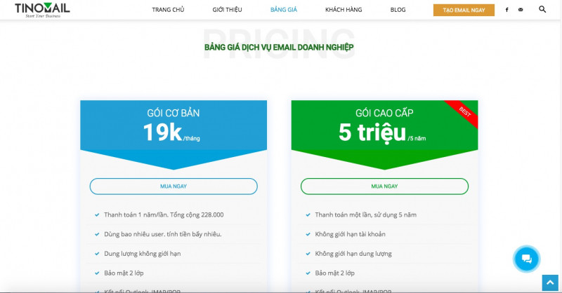 Bảng giá dịch vụ email doanh nghiệp TINOMAIL.COM