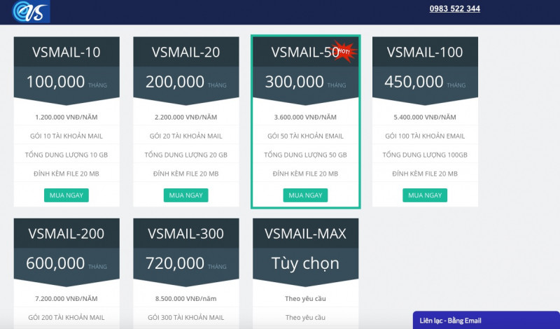Bảng giá dịch vụ email doanh nghiệp VSMAIL.VN