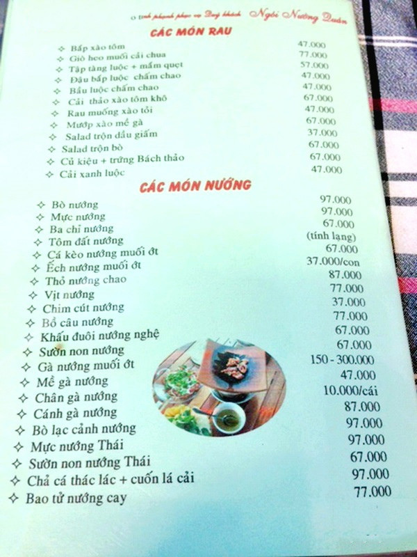 Menu tại nướng ngói quán với hơn 30 món khác nhau