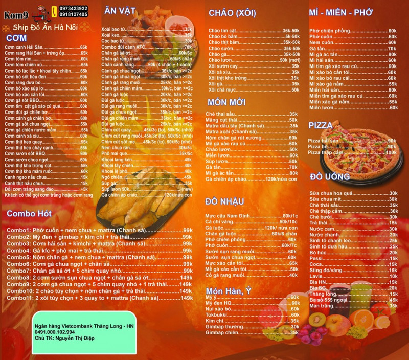 Menu món ăn đa dạng tại Kom9 Hà Nội