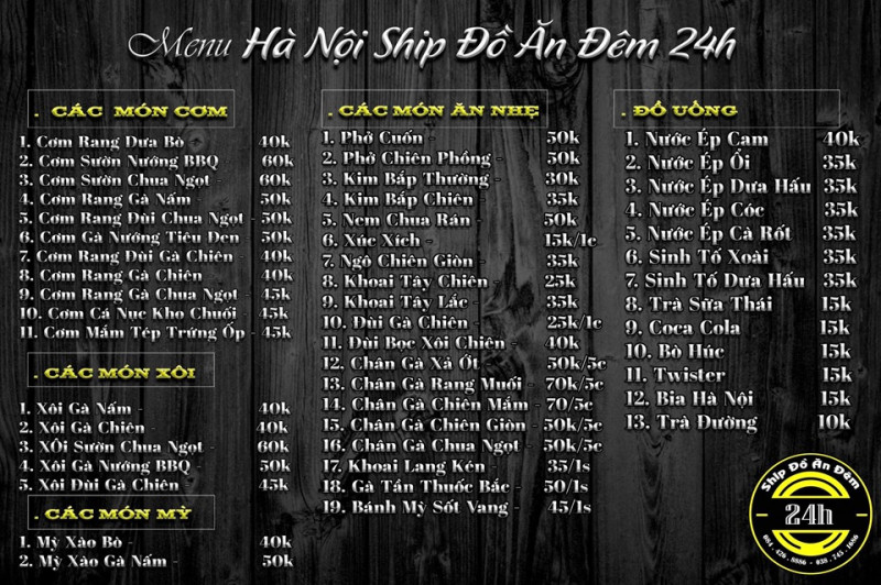 Menu đa dạng món của Hà Nội Ship Đồ Ăn Đêm 24h