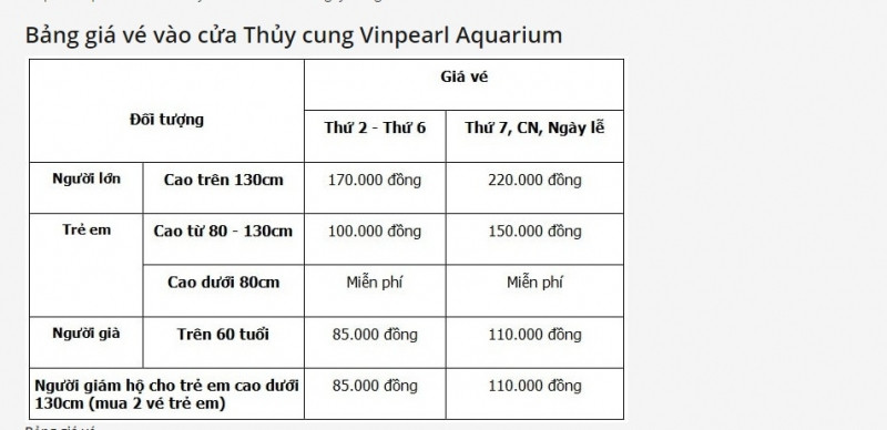 Bảng giá vé vào cửa Thủy cung Vinpearl Aquarium