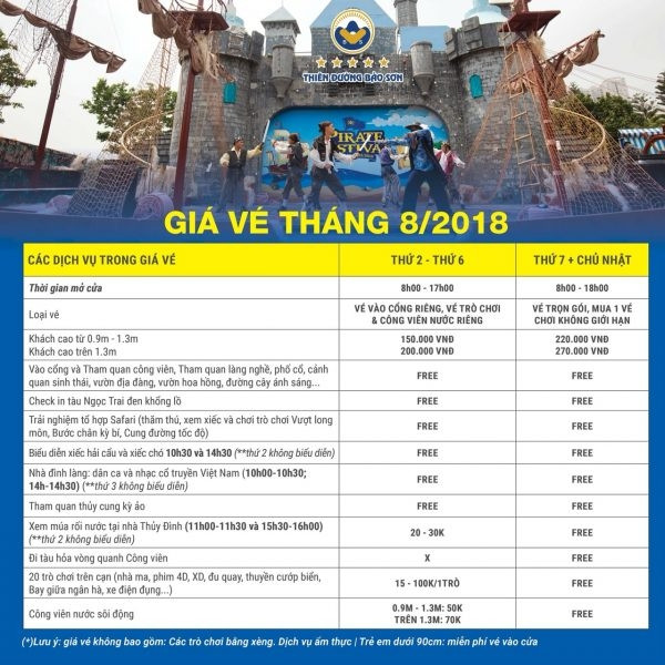 Bảng vé vào cửa tháng 8-2018 Công viên Thiên đường Bảo Sơn