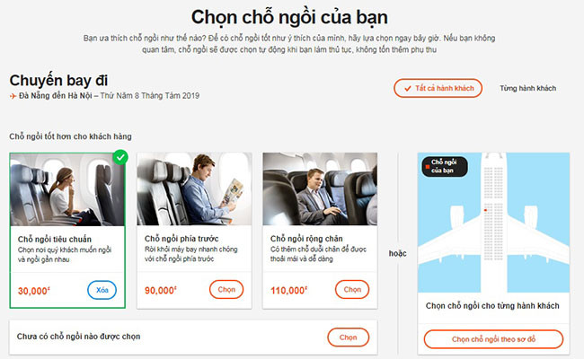 Dịch vụ chọn chỗ ngồi của hãng Jetstar Pacific