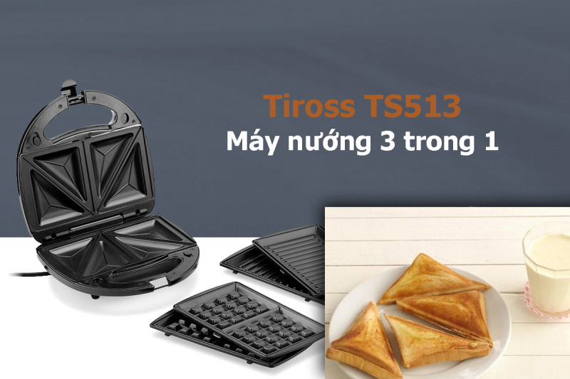 Máy nướng bánh 3 trong 1 Tiross TS-513 giúp bạn dễ dàng nướng bánh sandwich, bánh mỳ kẹp và bánh Waffle cho cả gia đình