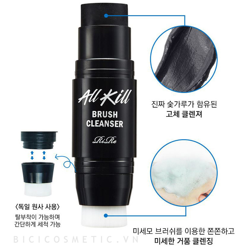 Khác với các loại sữa rửa mặt thông thường, RiRe All Kill Brush Cleanser tạo nên sự khác biệt nhờ được tích hợp thêm một đầu cọ rửa mặt nhỏ gọn, có thể tháo rời vô cùng tiện lợi gồm những sợi lông mềm mại giúp đẩy mụn lên nhanh chóng