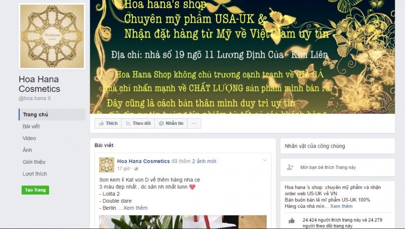 Trang Facebook của Hoa Hana Cosmetic