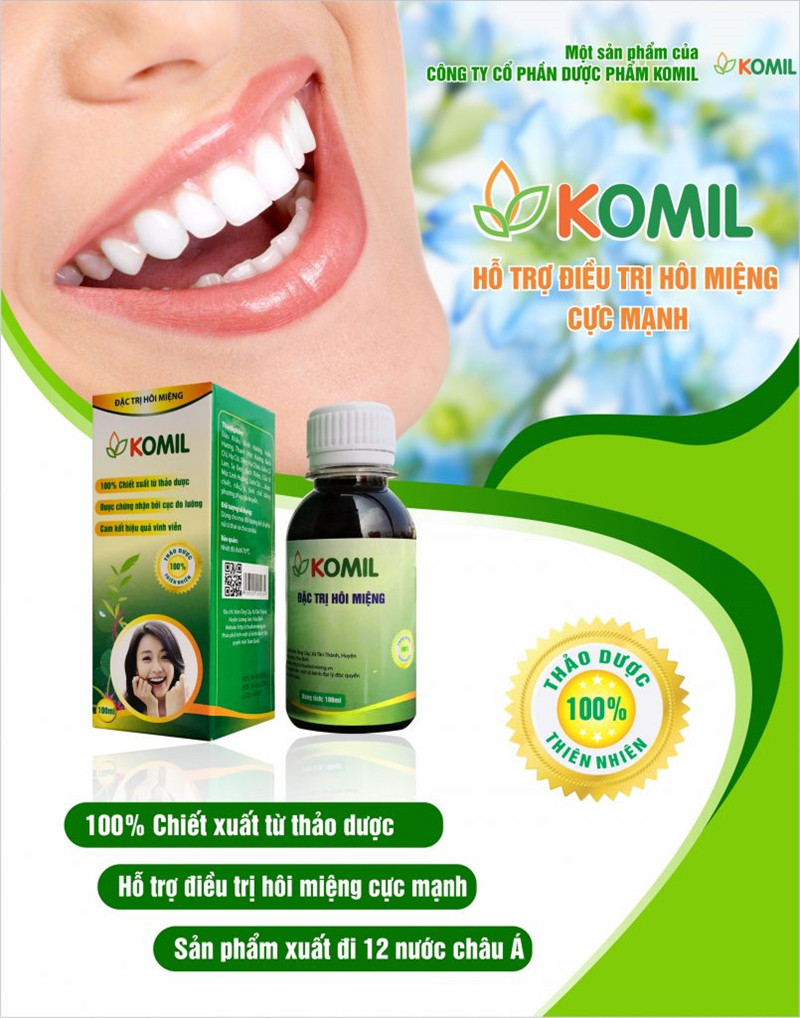 Thuốc Komil là một loại thực phẩm chức năng giúp hỗ trợ và điều trị các triệu chứng hôi miệng do sâu răng và viêm lợi,... sản phẩm được sản xuất bởi công ty Cổ phần Dược phẩm Komil