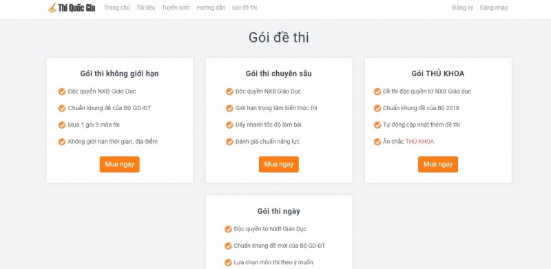 Các gói đề thi trên trang web Thiquocgia.vn