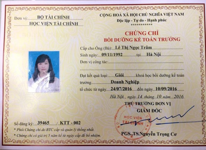 Chứng chỉ của Trung tâm Kế toán quốc gia