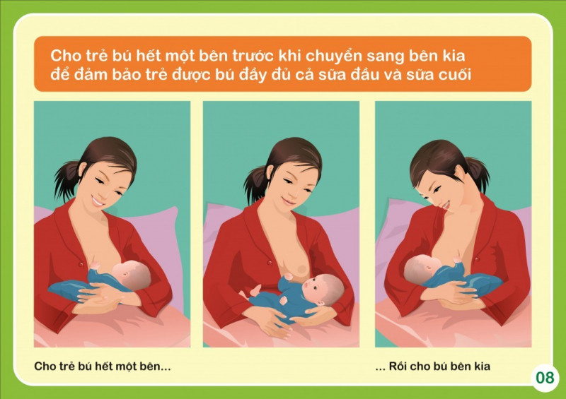 Mẹ nên cho trẻ bú hết một bên trước khi chuyển sang bên kia để đảm bảo trẻ được bú đầy đủ sữa đầu và sữa cuối.