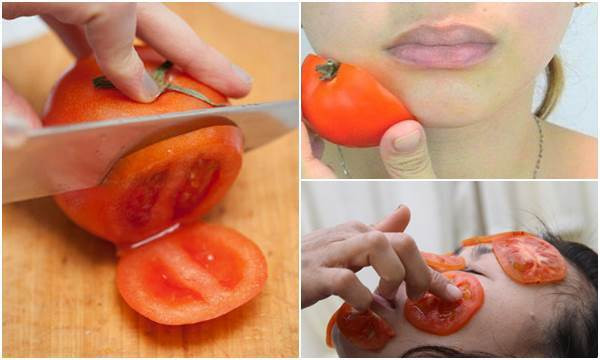 Lấy vài miếng cà chua cắt lát để đắp lên mặt.
