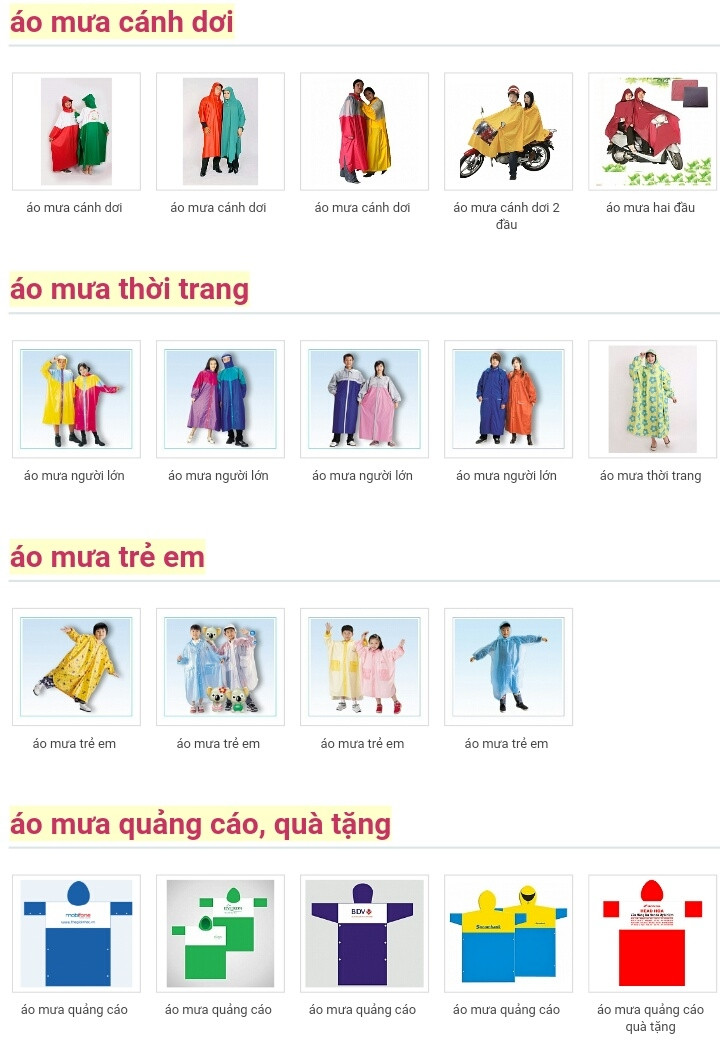 Một số sản phẩm áo mưa của Công ty TNHH Sản xuất Thương mại Nghệ Phú