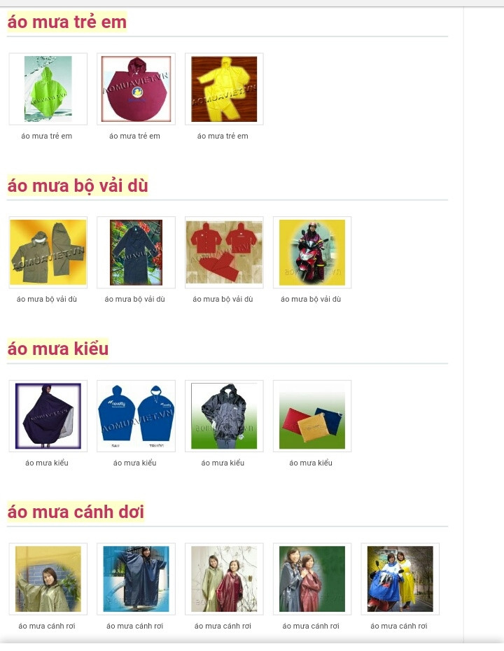 Hình ảnh quảng cáo một vài sản phẩm áo mưa của Công ty TNHH Sản xuất Thương mại Áo Mưa Việt