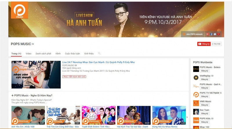 Kênh Youtube của Pops Music đang là một trong những kênh truyền hình được theo dõi nhiều nhất ở Việt Nam.