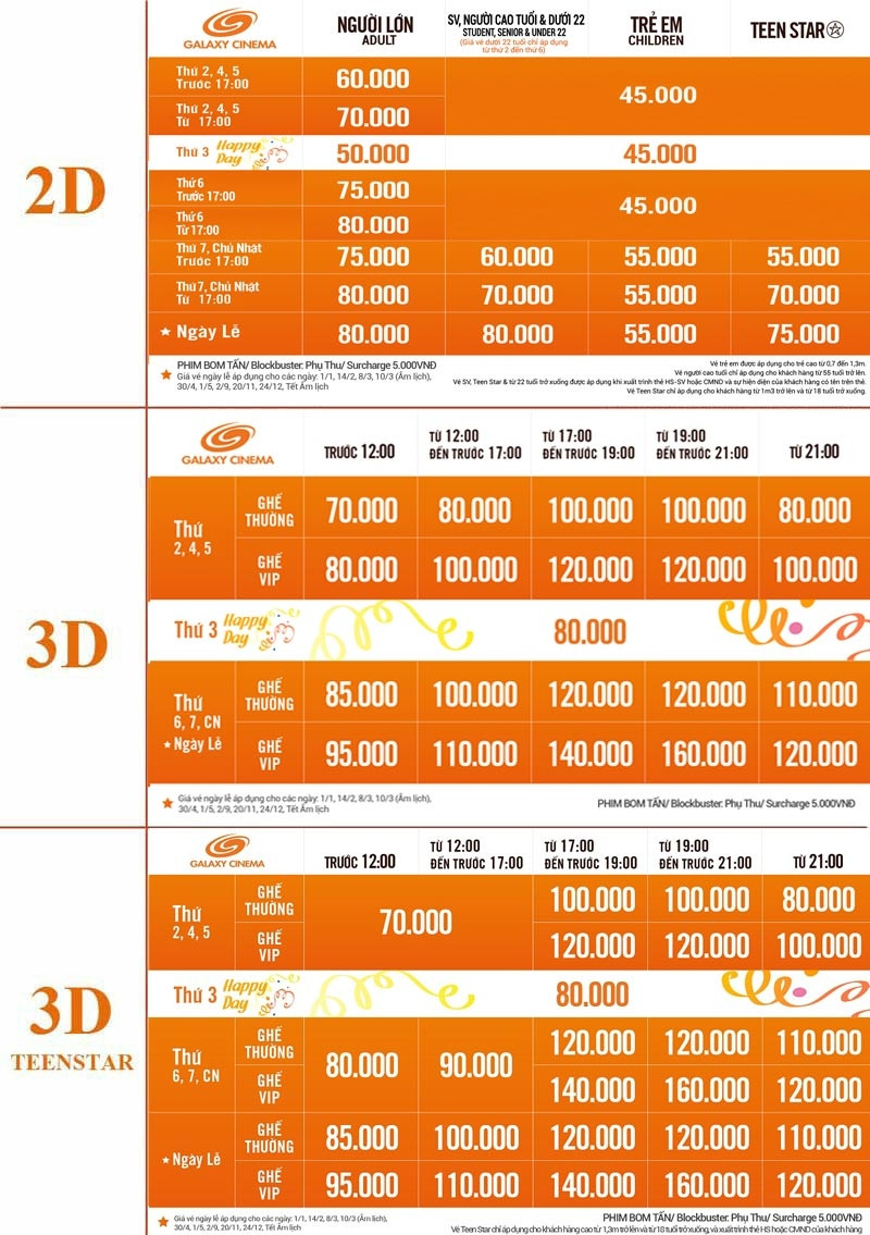 Bảng giá vé tại hệ thống rạp Galaxy áp dụng cho Galaxy Quang Trung, Tân Bình, Kinh Dương Vương. Giá vé tại Galaxy Nguyễn Du đắt hơn từ 5.000 - 10.000 đồng