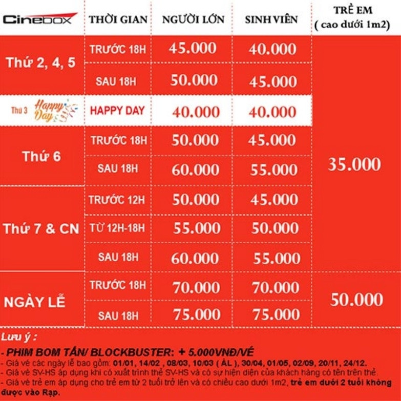 Giá vé tại Cinebox Lý Chính Thắng