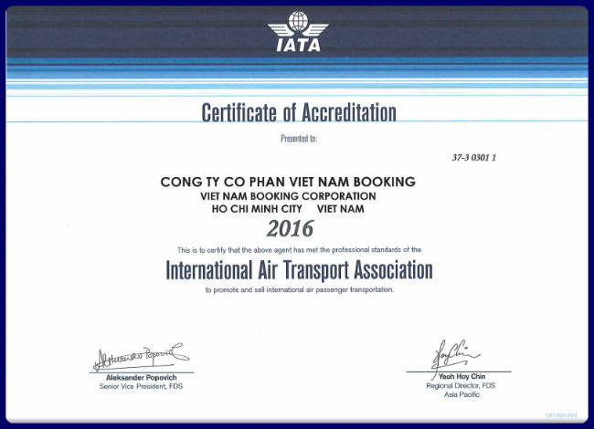 Chứng nhận của IATA - Hiệp hội Vận tải Hàng không Quốc tế