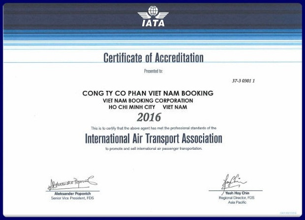 Chứng nhận của IATA - Hiệp hội Vận tải Hàng không Quốc tế