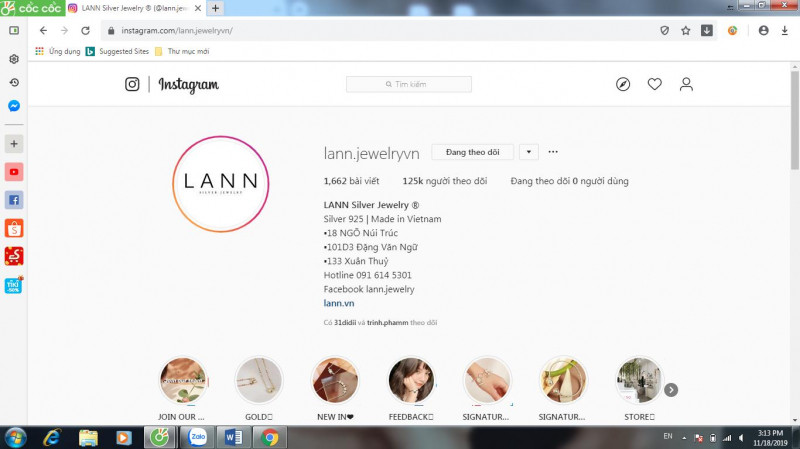 Kênh Instagram của Lann Jewelry