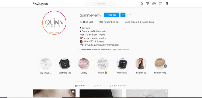 Kênh instagram của Quinn Jewelry