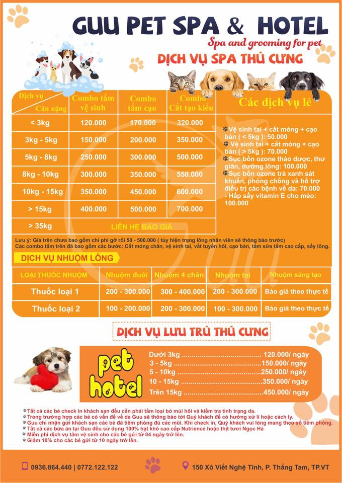 Bảng giá dịch vụ tại Gu Pet Spa & Hotel