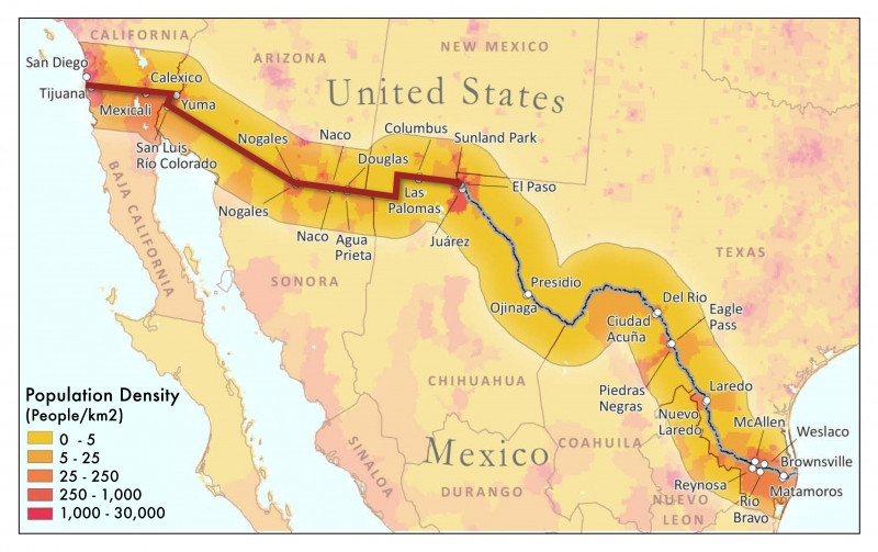 Có khá nhiều dân cư sinh sống dọc hai bên biên giới Mỹ - Mexico.
