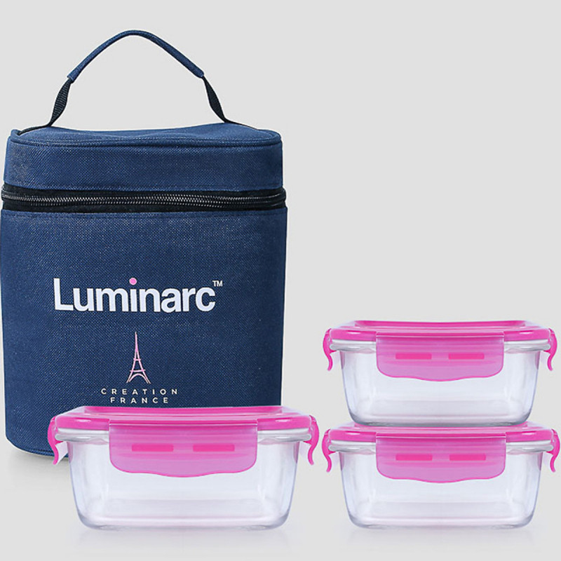 Bộ 3 Hộp Đựng Cơm Thủy Tinh Luminarc Pure Dahlia Vuông có túi LUHON8744
