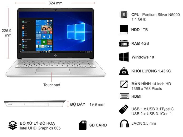 HP 14s-cf0096TU Pentium N5000 - Giá 7,5 triệu