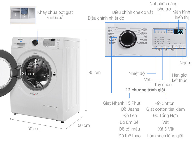 Máy giặt Samsung 8KG WW80J4233GW/SV
