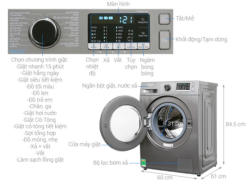 Máy giặt 8 Kg Samsung WW80J54E0BX/SV hơi nước