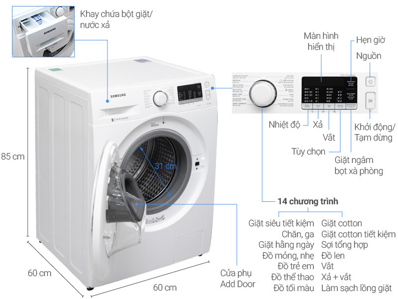 Máy giặt 8 Kg Samsung Addwash WW80K5410WW/SV hơi nước