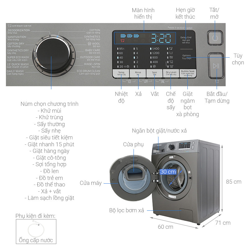 Máy giặt Lồng Ngang 8 kg + Sấy 6kg Samsung AddWash WD85K5410OX/SV