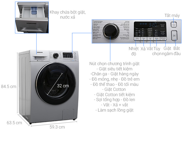 Máy giặt 8 Kg Samsung Addwash WW80K5410US hơi nước